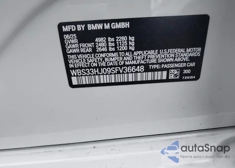 2025 BMW M3 Competition xDrive z USA, uszkodzony, nr VIN WBS33HJ09SFV36648